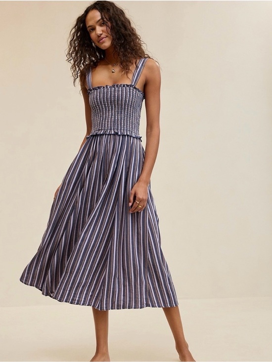 aerie Dresses & Skirts - Aerie Smocked Striped At the Barre Midi Dress in Navy